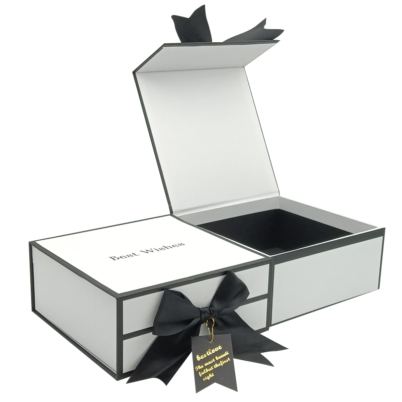 9.custom Luxury White Magnet Flip Clothing Paper Box Foldable Magnetic Closure Gift Boxeswith Black Ribbon (5)